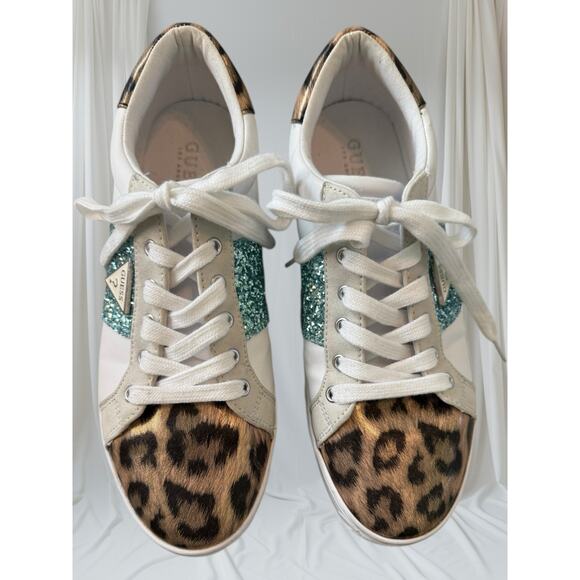 GUESS Glitter & Leopard Print Low-Top Sneakers Women’s Mixed Media Casual Shoes - Picture 1 of 6